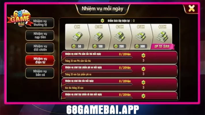 Khuyến mãi nhiệm vụ điện tử 68 club game bài