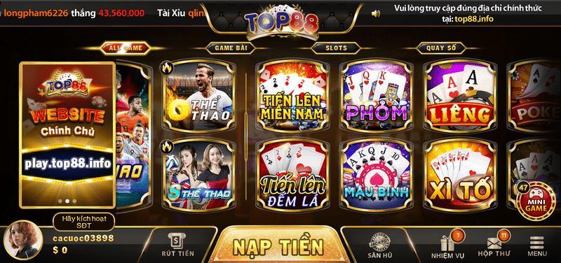 Các tựa game có tại cổng game TOP88