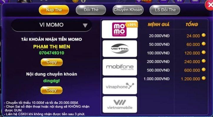 Nạp & rút tiền qua Ví MoMo tại Sumvip Club