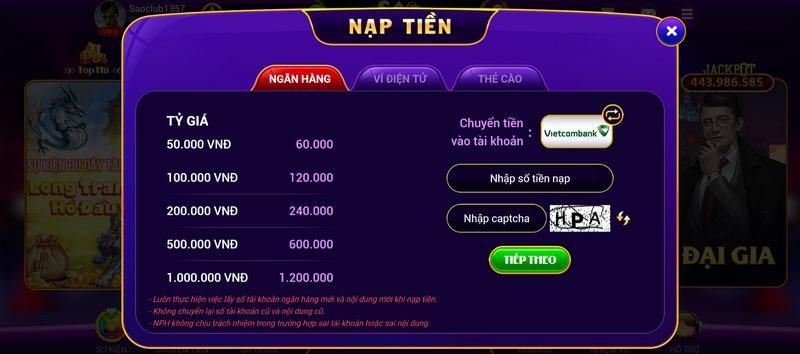 Nạp tiền bằng ngân hàng vào game Sao Club