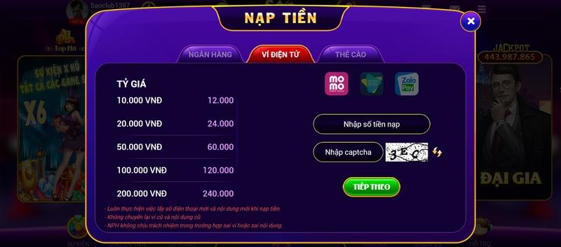 Nạp tiền qua Ví điện tử vào game Sao Club