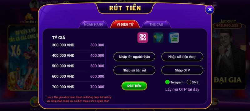 Rút tiền từ Sao Club về ví điện tử