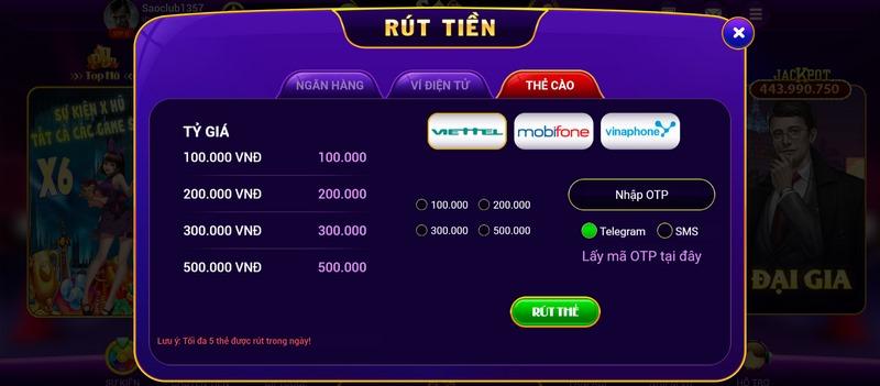 Rút tiền tại Sao Club bằng quy đổi Thẻ cào