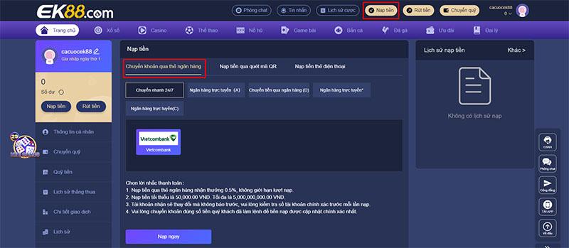 Nạp tiền EK88 bằng tài khoản Ngân hàng