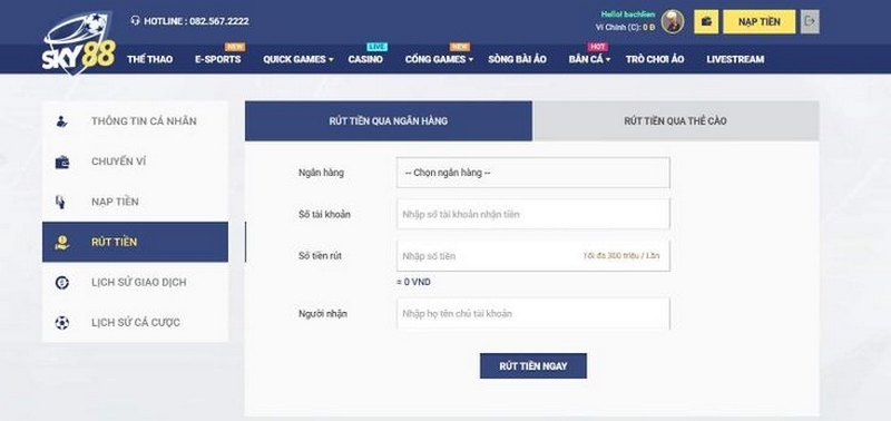 Hướng dẫn rút tiền siêu tốc vào tài khoản SKY88